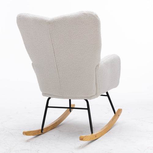 Mid-Century Modern Schaukelstuhl aus Teddystoff – Bequemer Lesesessel mit Holzgestell & Armlehnen – Stylischer Retro Sessel für Wohnzimmer, Schlafzimmer oder Babyzimmer - Tarteebstudio