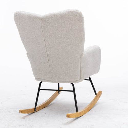 Mid-Century Modern Schaukelstuhl aus Teddystoff – Bequemer Lesesessel mit Holzgestell & Armlehnen – Stylischer Retro Sessel für Wohnzimmer, Schlafzimmer oder Babyzimmer - Tarteebstudio