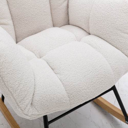 Mid-Century Modern Schaukelstuhl aus Teddystoff – Bequemer Lesesessel mit Holzgestell & Armlehnen – Stylischer Retro Sessel für Wohnzimmer, Schlafzimmer oder Babyzimmer - Tarteebstudio