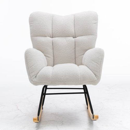 Mid-Century Modern Schaukelstuhl aus Teddystoff – Bequemer Lesesessel mit Holzgestell & Armlehnen – Stylischer Retro Sessel für Wohnzimmer, Schlafzimmer oder Babyzimmer - Tarteebstudio
