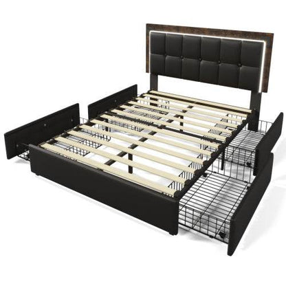 Modern PU Leather Bed Frame with LED Light Strip & 4 Storage Drawers – Queen/King Size Upholstered Platform Bed – No Box Spring Needed - Tarteebstudio