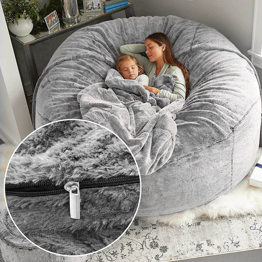5ft Snow Gray Bean Bag Cover – Extra Soft PV Velvet Sofa Bed Cover, Round Fluffy Lounge Pillow Cover for Living Room, Bedroom or Floor Seating - Tarteebstudio