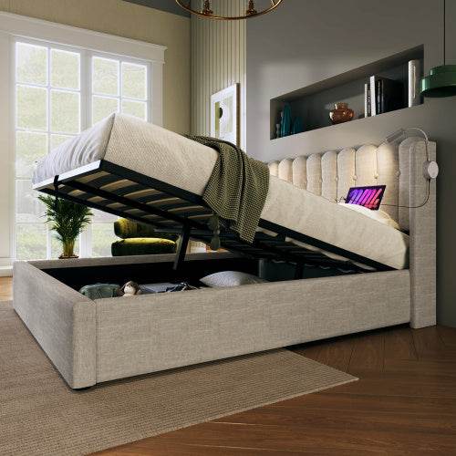 Linen Upholstered Bed Frame with Storage – Queen/King Size Platform Bed with Linen Fabric & Wooden/Metal Frame – Button-Tufted Headboard & Underbed Storage - Tarteebstudio
