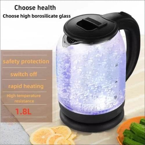 1.8L Electric Glass Kettle with LED Light – 360° Rotating Base & Boil-Dry Protection – Stylish Black Glass Electric Water Kettle for Home & Office Use - Tarteebstudio