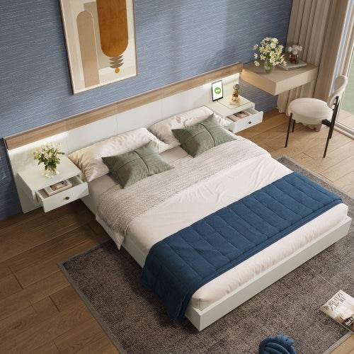 160x200 Floating Bed with Headboard – Natural Timber Slatted Frame Platform Bed | No Box Spring Needed – Modern Bedroom Furniture in Queen & Double Size - Tarteebstudio