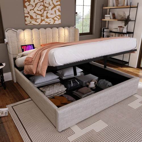 Linen Upholstered Bed Frame with Storage – Queen/King Size Platform Bed with Linen Fabric & Wooden/Metal Frame – Button-Tufted Headboard & Underbed Storage - Tarteebstudio