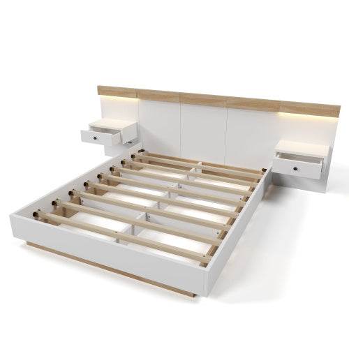 160x200 Floating Bed with Headboard – Natural Timber Slatted Frame Platform Bed | No Box Spring Needed – Modern Bedroom Furniture in Queen & Double Size - Tarteebstudio