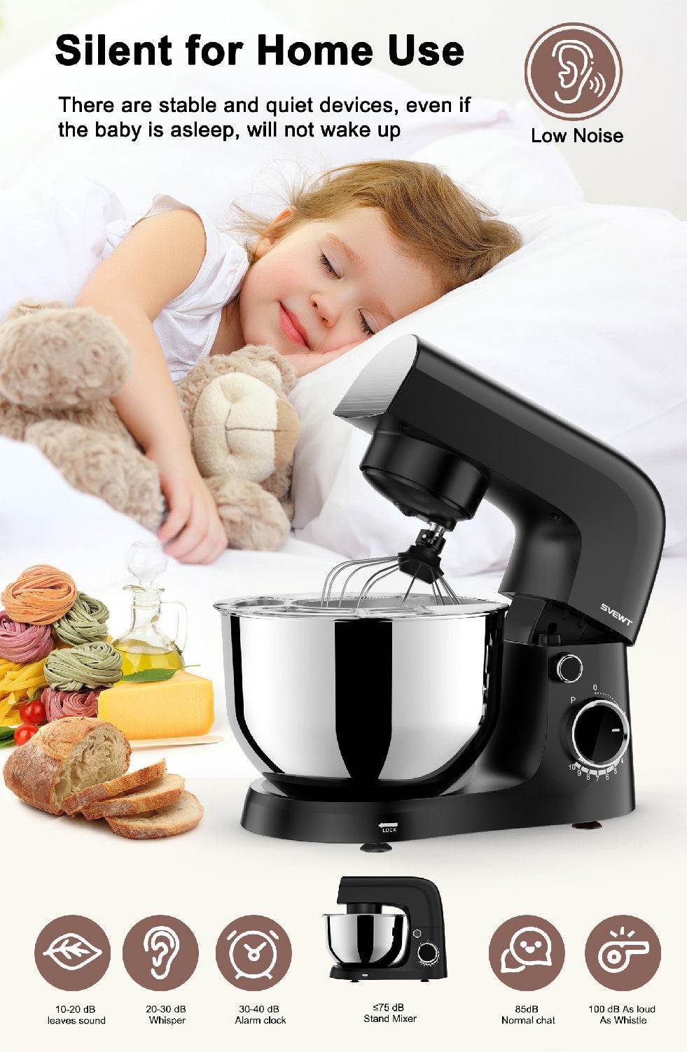 SVEWT SM-1540 1500W Stand Mixer – Professional 10-Speed Kitchen Mixer with 5.5L Stainless Steel Bowl & Dough Hook, Whisk & Beater – Black - Tarteebstudio