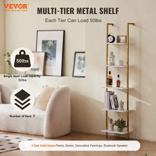 5-Ebenen Schweberegal im Leiterdesign – Bücherregal aus Holz & Metall | Wandregal mit 40x30 cm Tiefe – Ideal als Raumteiler, Dekoregal oder Aufbewahrungsregal in Wohnzimmer, Schlafzimmer oder Büro