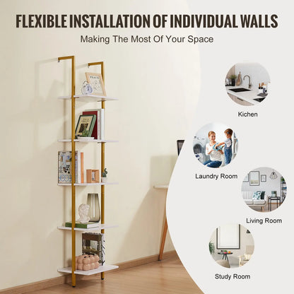 5-Ebenen Schweberegal im Leiterdesign – Bücherregal aus Holz & Metall | Wandregal mit 40x30 cm Tiefe – Ideal als Raumteiler, Dekoregal oder Aufbewahrungsregal in Wohnzimmer, Schlafzimmer oder Büro