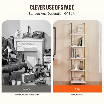 5-Ebenen Schweberegal im Leiterdesign – Bücherregal aus Holz & Metall | Wandregal mit 40x30 cm Tiefe – Ideal als Raumteiler, Dekoregal oder Aufbewahrungsregal in Wohnzimmer, Schlafzimmer oder Büro