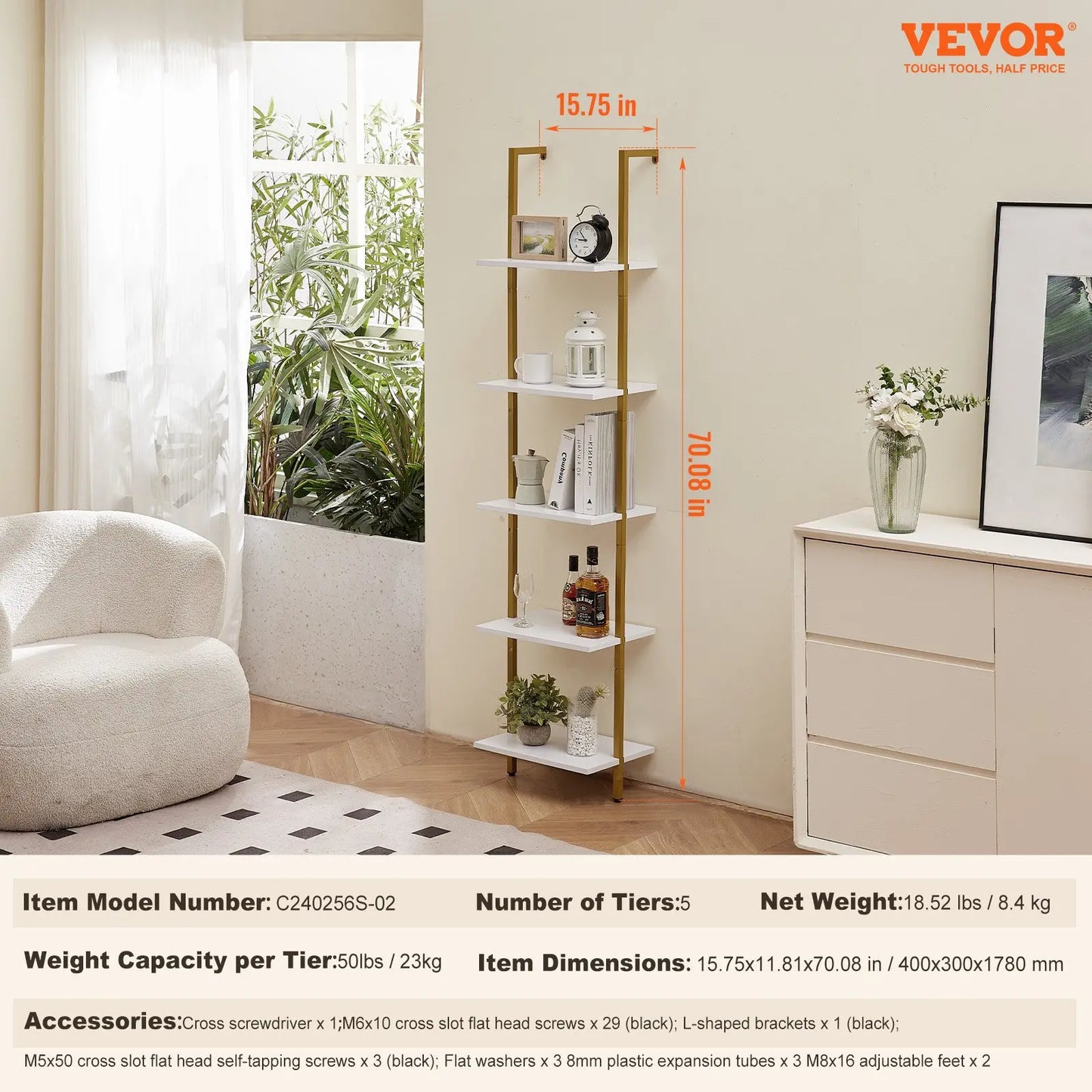 5-Ebenen Schweberegal im Leiterdesign – Bücherregal aus Holz & Metall | Wandregal mit 40x30 cm Tiefe – Ideal als Raumteiler, Dekoregal oder Aufbewahrungsregal in Wohnzimmer, Schlafzimmer oder Büro