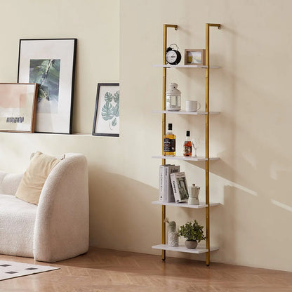5-Ebenen Schweberegal im Leiterdesign – Bücherregal aus Holz & Metall | Wandregal mit 40x30 cm Tiefe – Ideal als Raumteiler, Dekoregal oder Aufbewahrungsregal in Wohnzimmer, Schlafzimmer oder Büro