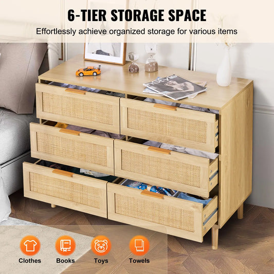 Rattan-Kommode mit 6 Schubladen – Wohnzimmerschrank im natürlichen Holzlook | Stilvolles Sideboard oder Flurschrank aus geflochtenem Rattan | Platzsparend & Mehrzweck