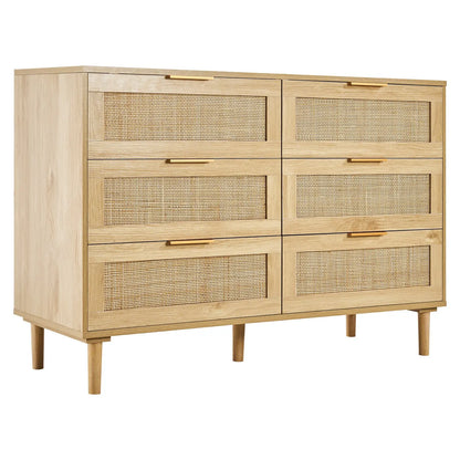 Rattan-Kommode mit 6 Schubladen – Wohnzimmerschrank im natürlichen Holzlook | Stilvolles Sideboard oder Flurschrank aus geflochtenem Rattan | Platzsparend & Mehrzweck