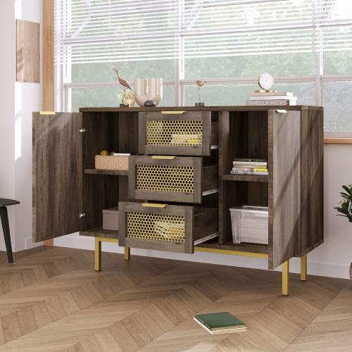 Industrial Style Metal and Wood Sideboard – Modern Buffet Cabinet with Open Shelf & Storage Drawers – Perfect for Living Room, Dining Room or Entryway - Tarteebstudio