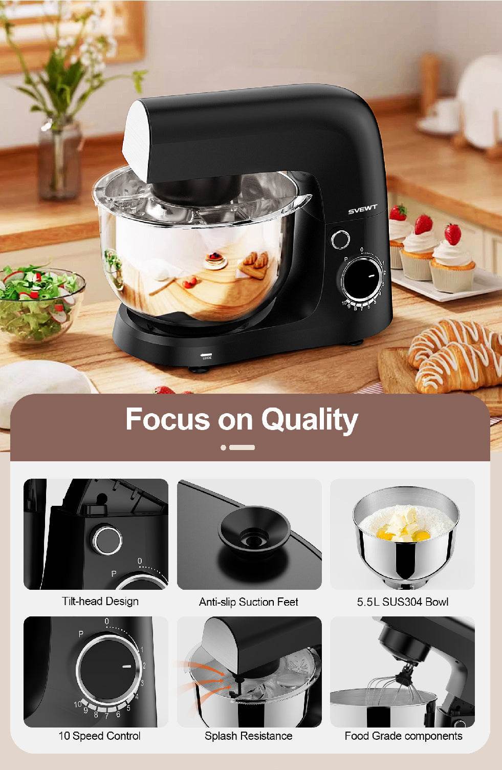 SVEWT SM-1540 1500W Stand Mixer – Professional 10-Speed Kitchen Mixer with 5.5L Stainless Steel Bowl & Dough Hook, Whisk & Beater – Black - Tarteebstudio