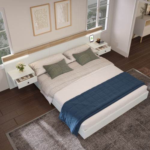 160x200 Floating Bed with Headboard – Natural Timber Slatted Frame Platform Bed | No Box Spring Needed – Modern Bedroom Furniture in Queen & Double Size - Tarteebstudio
