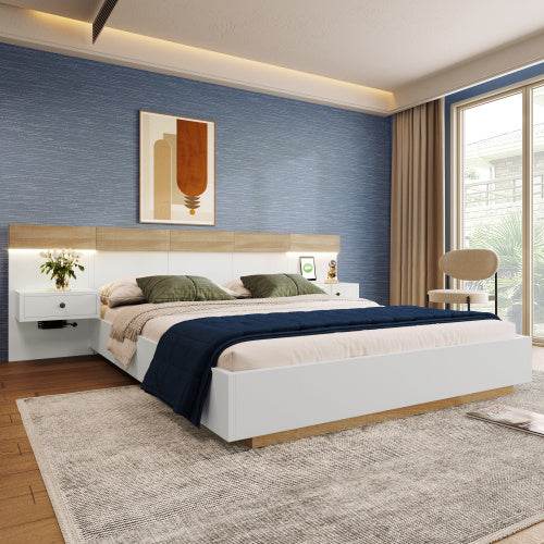 160x200 Floating Bed with Headboard – Natural Timber Slatted Frame Platform Bed | No Box Spring Needed – Modern Bedroom Furniture in Queen & Double Size - Tarteebstudio