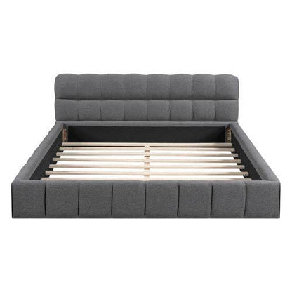 Queen Size Double Bed with Soft Linen Upholstered Backrest – Sturdy Wooden & Metal Frame | No Box Spring Needed – Modern Bedroom Furniture in Natural Fabric Design - Tarteebstudio