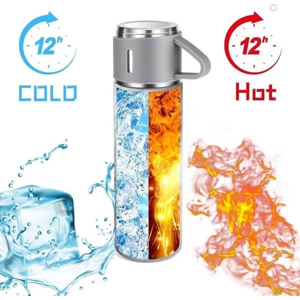 Insulated Vacuum Flask Set – 500ml Thermos Water Bottle with 3 Travel Cups, Reusable Stainless Steel Bottle for Hot & Cold Drinks – Ideal for Camping, Office & Home Use - Tarteebstudio