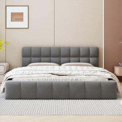 Queen Size Double Bed with Soft Linen Upholstered Backrest – Sturdy Wooden & Metal Frame | No Box Spring Needed – Modern Bedroom Furniture in Natural Fabric Design - Tarteebstudio