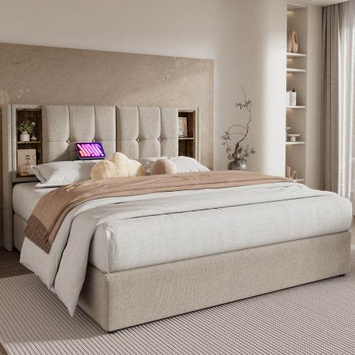 Premium Linen Upholstered Bed Frame – Queen/King Size Wooden & Metal Bed with Button-Tufted Headboard – Sturdy Platform Bed for Modern Bedrooms - Tarteebstudio