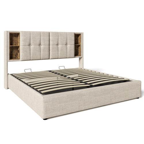 Premium Linen Upholstered Bed Frame – Queen/King Size Wooden & Metal Bed with Button-Tufted Headboard – Sturdy Platform Bed for Modern Bedrooms - Tarteebstudio