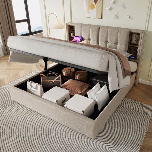 Premium Linen Upholstered Bed Frame – Queen/King Size Wooden & Metal Bed with Button-Tufted Headboard – Sturdy Platform Bed for Modern Bedrooms - Tarteebstudio