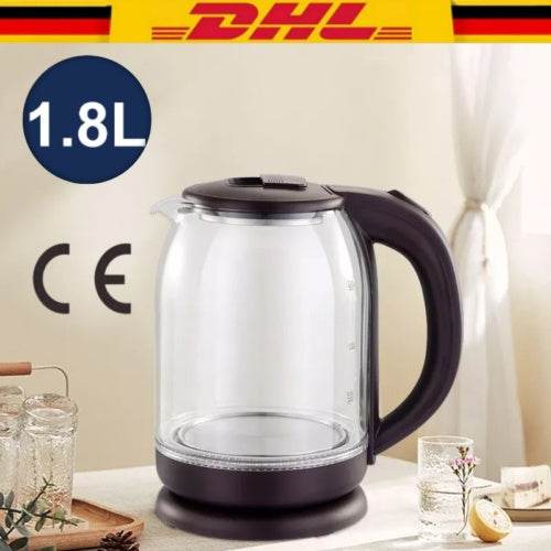 1.8L Electric Glass Kettle with LED Light – 360° Rotating Base & Boil-Dry Protection – Stylish Black Glass Electric Water Kettle for Home & Office Use - Tarteebstudio