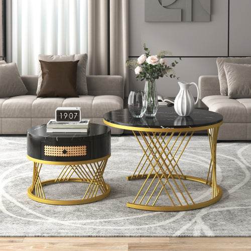 Modern Fibreboard & Metal Round Coffee Table – Stylish MDF Living Room Table with Steel Legs – Space-Saving Design for Small Spaces, Apartments & Lofts - Tarteebstudio
