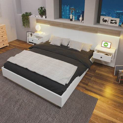 160x200 Floating Bed with Headboard – Natural Timber Slatted Frame Platform Bed | No Box Spring Needed – Modern Bedroom Furniture in Queen & Double Size - Tarteebstudio