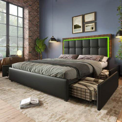 Modern PU Leather Bed Frame with LED Light Strip & 4 Storage Drawers – Queen/King Size Upholstered Platform Bed – No Box Spring Needed - Tarteebstudio