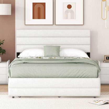 Plattformbett 140x200 cm – Doppelbett mit Stauraum & 2 Schubladen | Beige Samt-Bezug | Ohne Boxspring – Ideal für Schlafzimmer, Gästezimmer oder kleine Räume - Tarteebstudio
