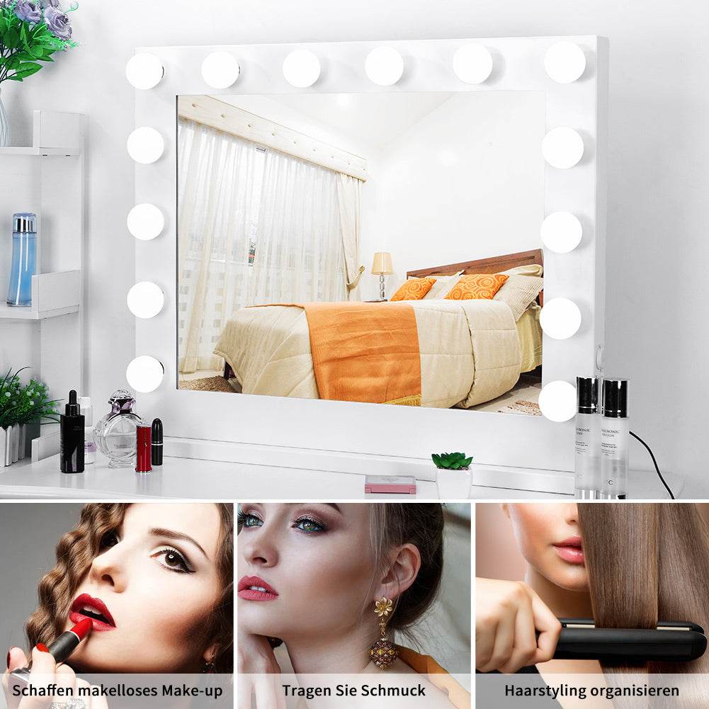 LED Makeup Mirror with 14 Adjustable Lights – 80x67cm Large Lighted Vanity Mirror for Makeup, Beauty, and Photography – White Frame - Tarteebstudio