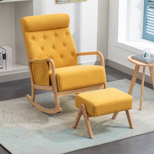 Luxury Linen Rocking Chair with Footrest – Comfortable Armchair for Living Room, Bedroom or Nursery – Elegant Wooden Rocker Chair in Natural Fabric - Tarteebstudio