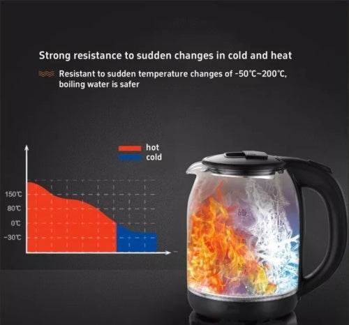 1.8L Electric Glass Kettle with LED Light – 360° Rotating Base & Boil-Dry Protection – Stylish Black Glass Electric Water Kettle for Home & Office Use - Tarteebstudio