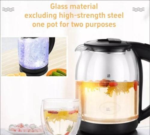 1.8L Electric Glass Kettle with LED Light – 360° Rotating Base & Boil-Dry Protection – Stylish Black Glass Electric Water Kettle for Home & Office Use - Tarteebstudio