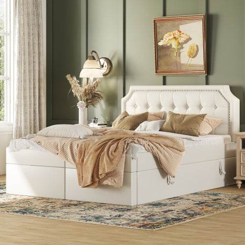 PU Leather & Metal-Framed Double Bed – Sturdy Queen/King Size Bedroom Furniture with Upholstered Headboard – Modern Platform Bed Frame for Home Use - Tarteebstudio