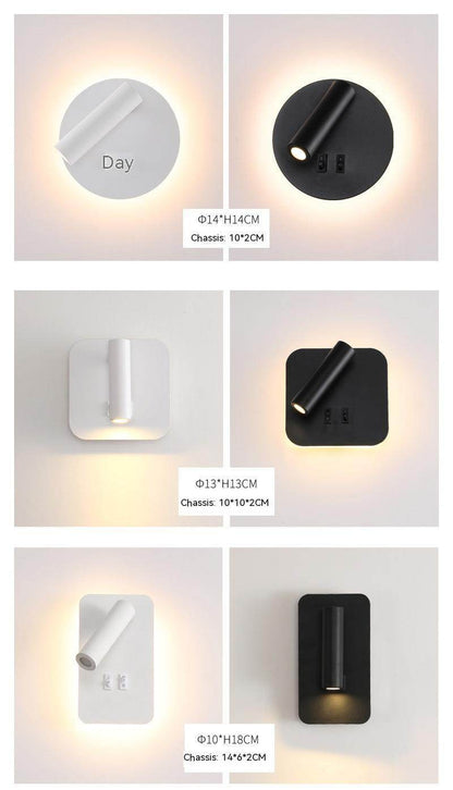 Modern Minimalist Bedside LED Wall Lamp - Adjustable Spotlight, Dimmable Touch Control, 3 Color Temperatures (3000K-6000K), USB Charging Port, Ultra-Slim Space-Saving Design for Bedroom, Study, Nursery - Tarteebstudio