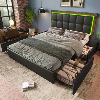 Modern PU Leather Bed Frame with LED Light Strip & 4 Storage Drawers – Queen/King Size Upholstered Platform Bed – No Box Spring Needed - Tarteebstudio