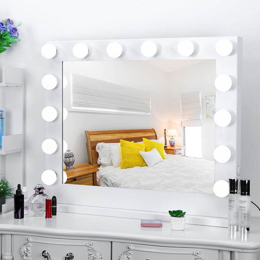 LED Makeup Mirror with 14 Adjustable Lights – 80x67cm Large Lighted Vanity Mirror for Makeup, Beauty, and Photography – White Frame - Tarteebstudio