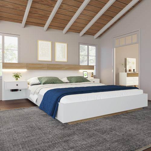 160x200 Floating Bed with Headboard – Natural Timber Slatted Frame Platform Bed | No Box Spring Needed – Modern Bedroom Furniture in Queen & Double Size - Tarteebstudio