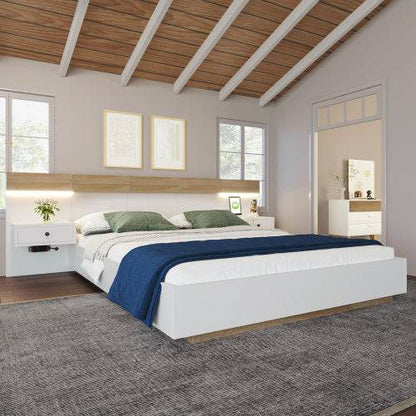 160x200 Floating Bed with Headboard – Natural Timber Slatted Frame Platform Bed | No Box Spring Needed – Modern Bedroom Furniture in Queen & Double Size - Tarteebstudio