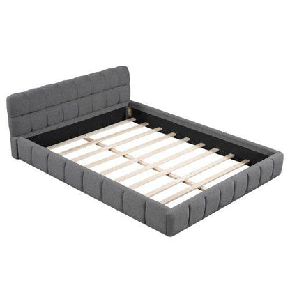 Queen Size Double Bed with Soft Linen Upholstered Backrest – Sturdy Wooden & Metal Frame | No Box Spring Needed – Modern Bedroom Furniture in Natural Fabric Design - Tarteebstudio