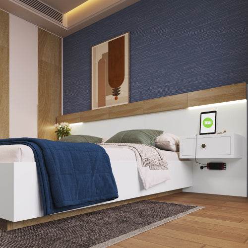 160x200 Floating Bed with Headboard – Natural Timber Slatted Frame Platform Bed | No Box Spring Needed – Modern Bedroom Furniture in Queen & Double Size - Tarteebstudio